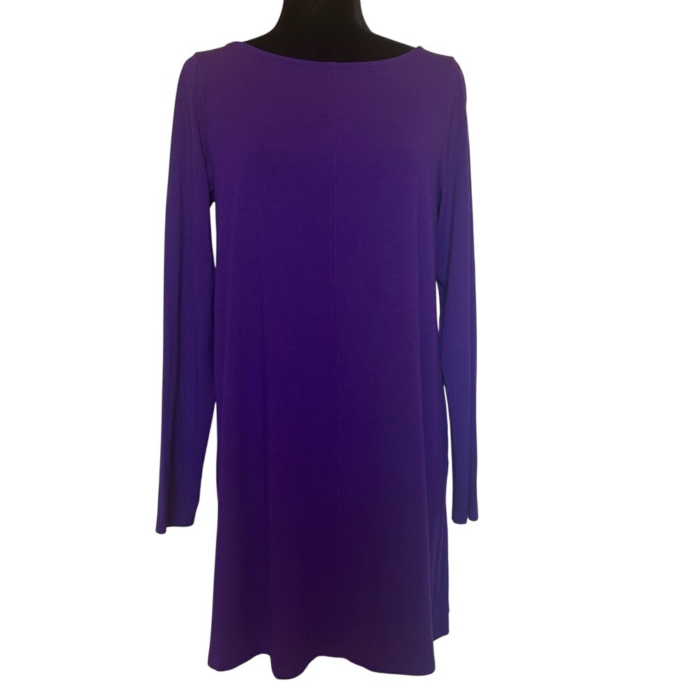 Eileen Fisher Purple Long Sleeve Boat Neck Tunic Top Side Slit Shift Dress S/P